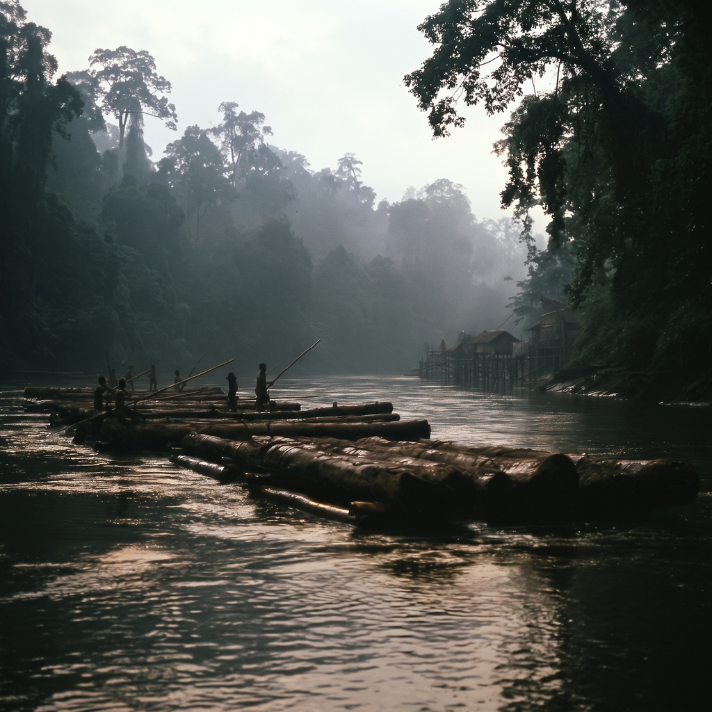 Rafts with people navigating a misty river in a lush, tropical jungle.