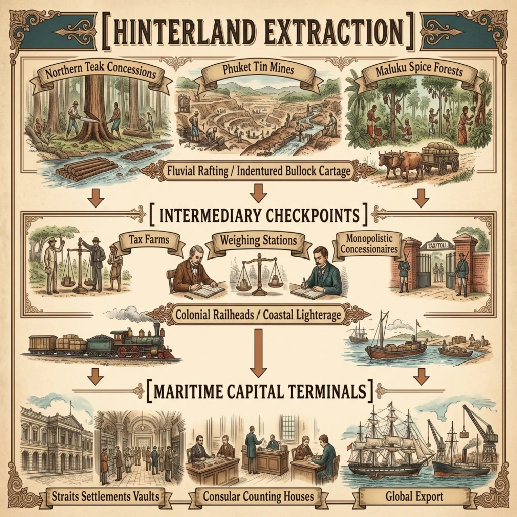 Infographic showing hinterland extraction, intermediary checkpoints, and maritime capital terminals.