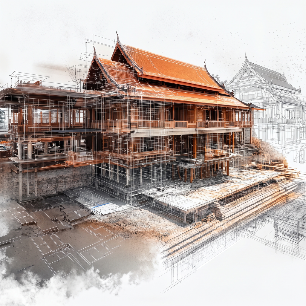 Architectural rendering of a traditional wooden building with wireframe overlay.