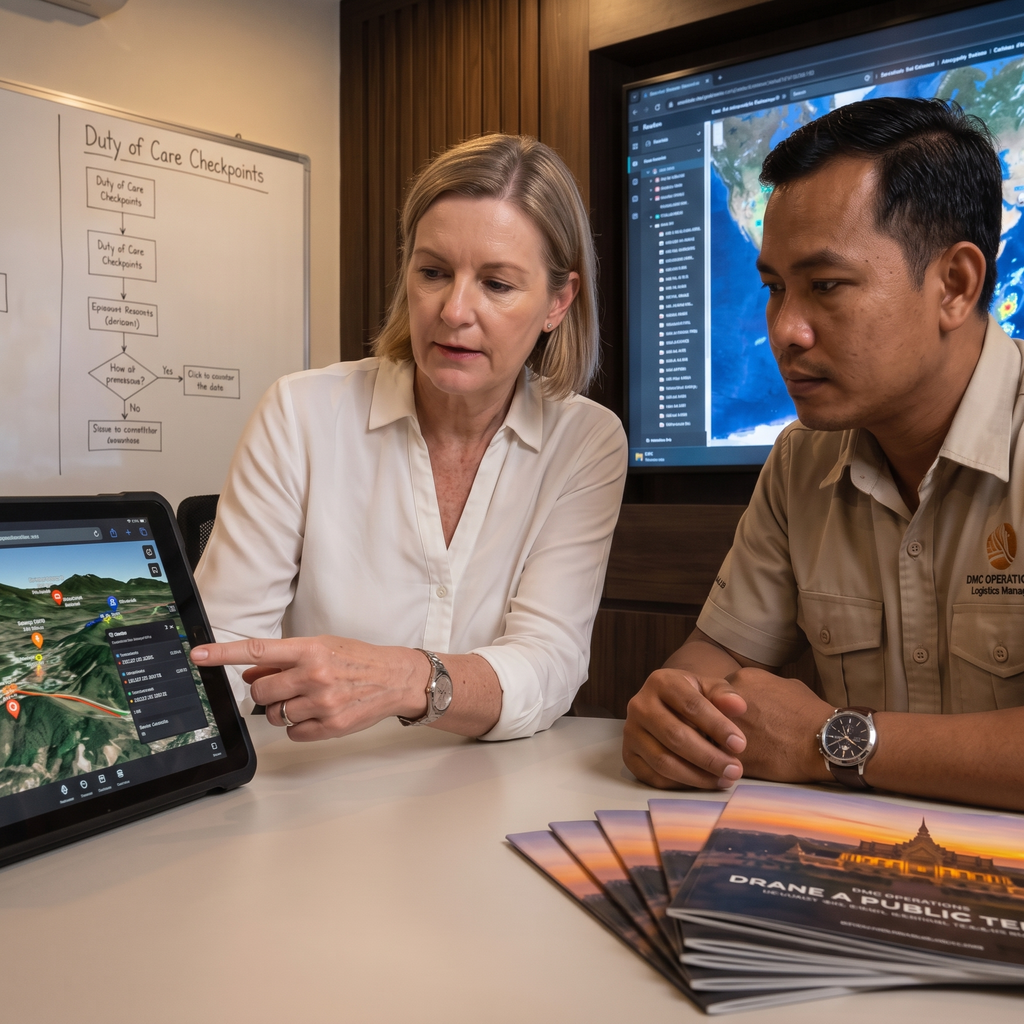 Two professionals review B2B content architecture on a tablet and screen.