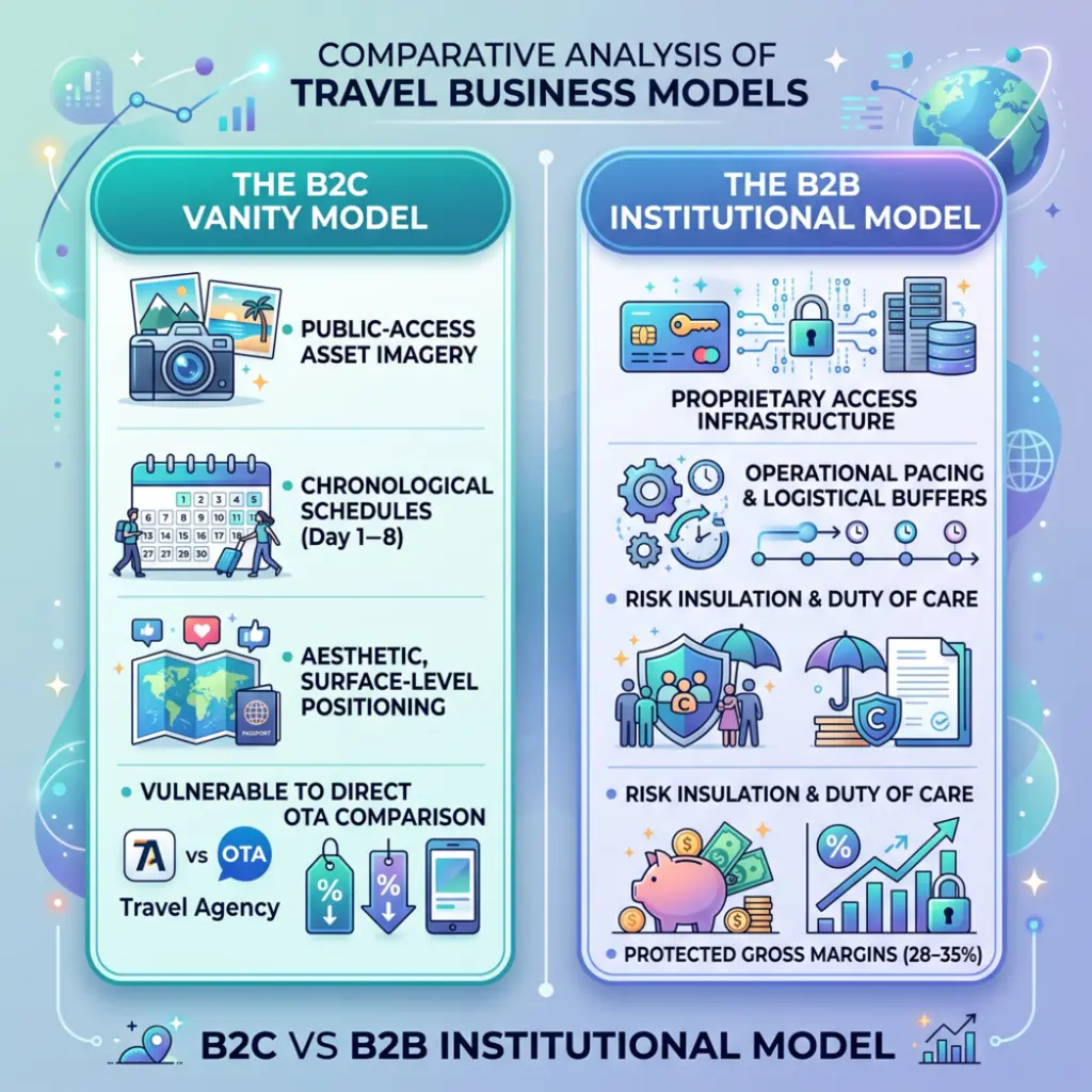 B2B vs B2C travel business models: Vanity vs Institutional comparison.