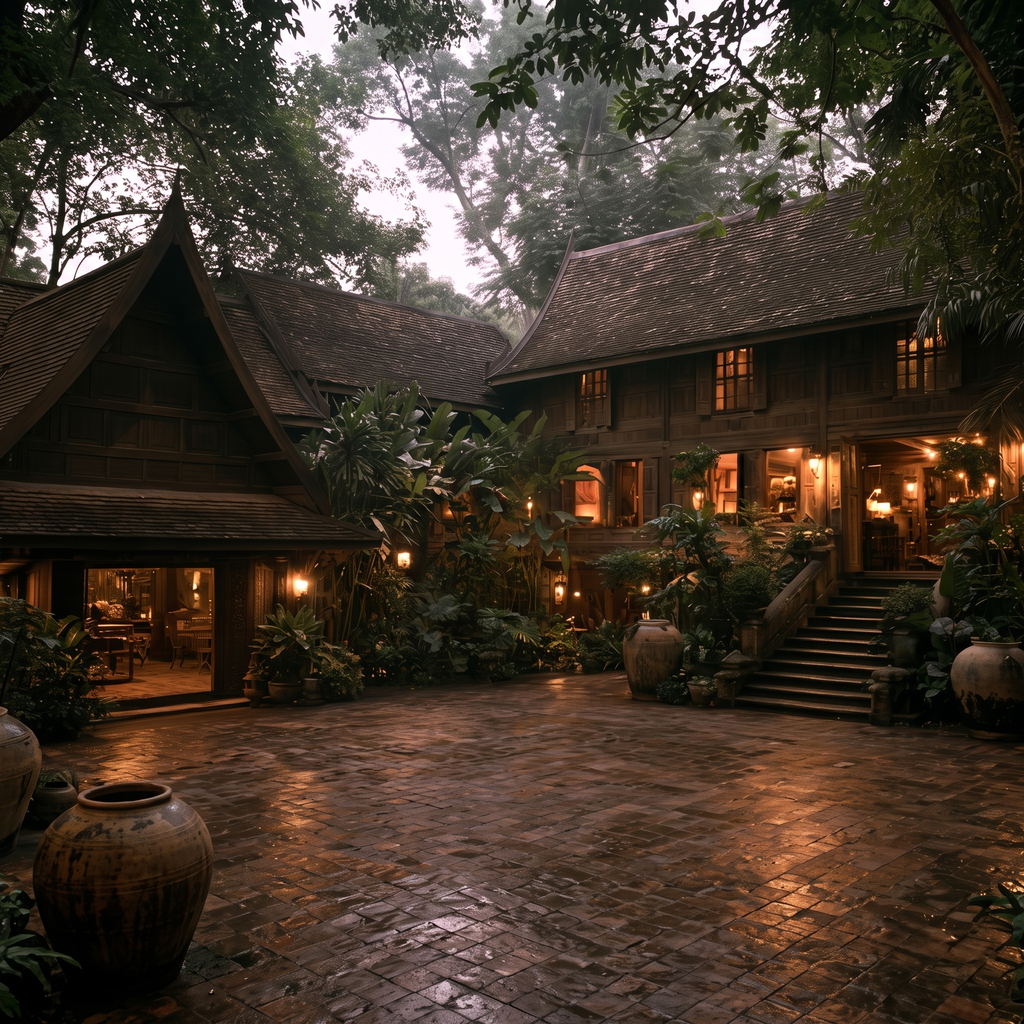 Traditional Thai wooden house with ornate architecture and lush greenery