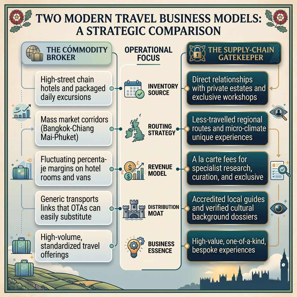 Infographic comparing "The Commodity Broker" and "The Supply-Chain Gatekeeper" travel models.