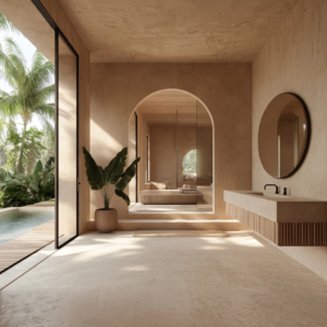 Minimalist spa bathroom with pool view and tropical plants