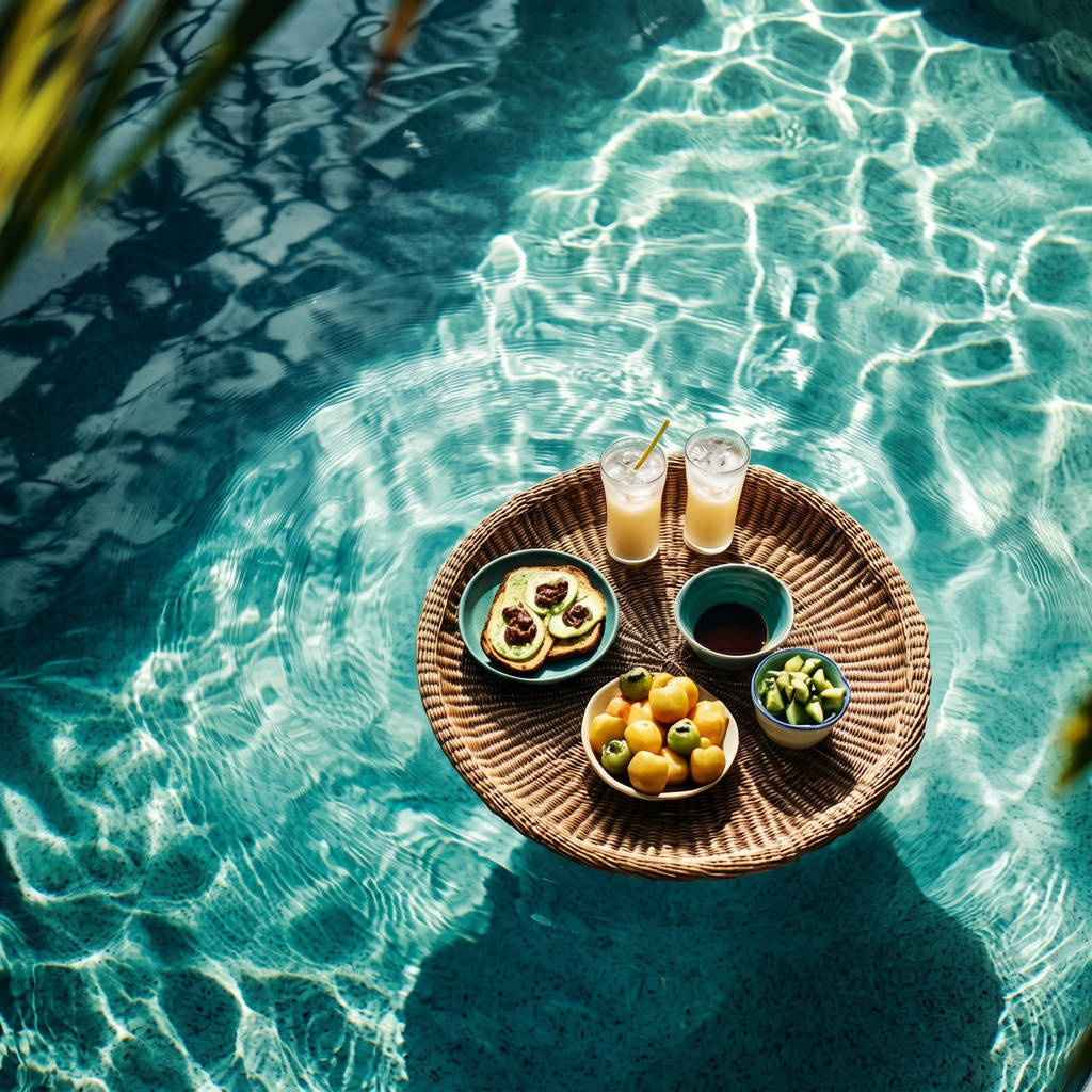 Floating breakfast tray with food and drinks in a clear blue swimming pool.