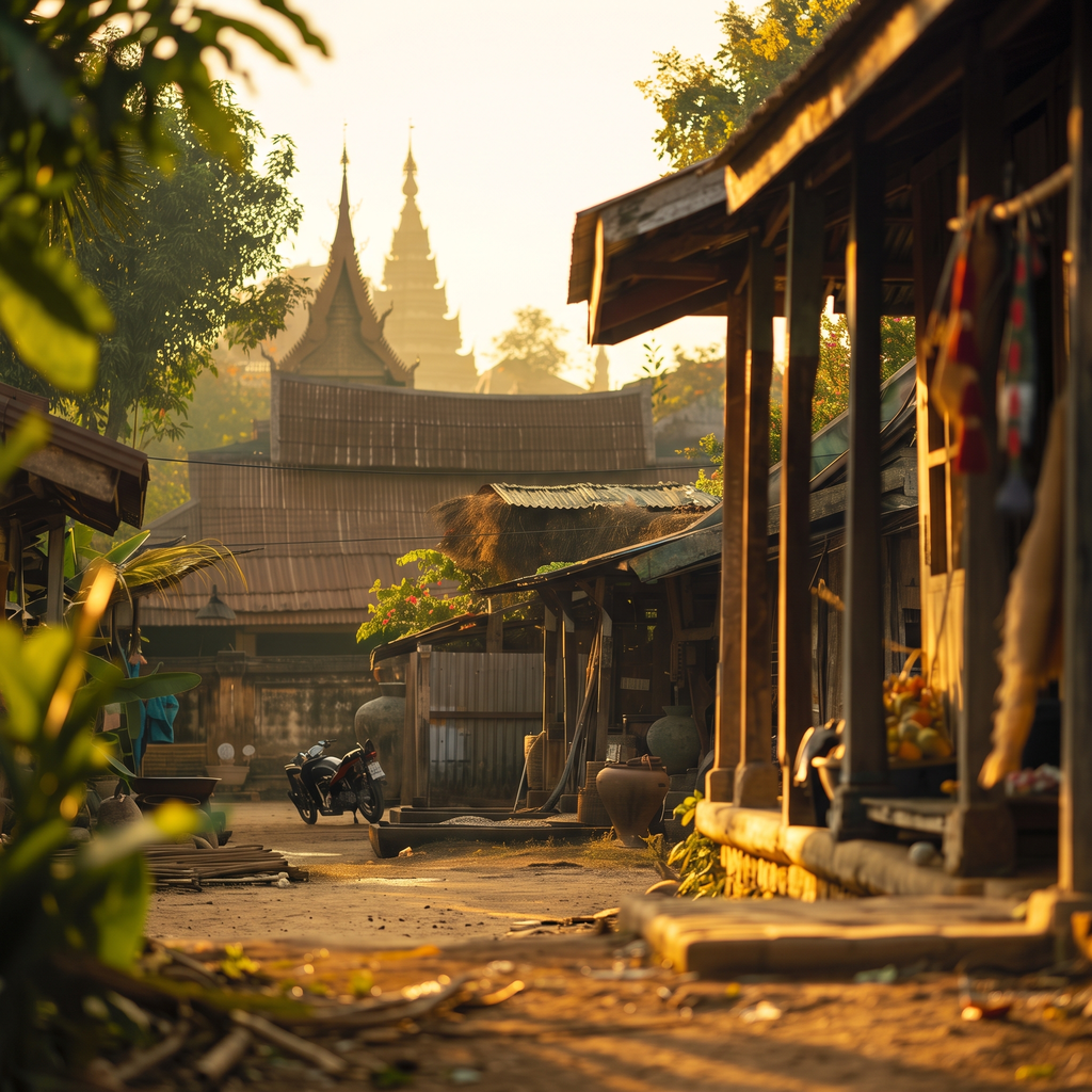 Traditional village street with temples, Myanmar
