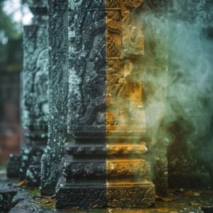 Ancient carved stone pillars with intricate detail, some weathered, others illuminated by golden light and smoke.