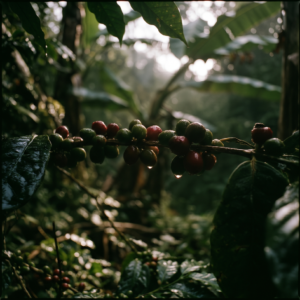 Coffee cherries on a branch in a misty jungle, Chiang Rai