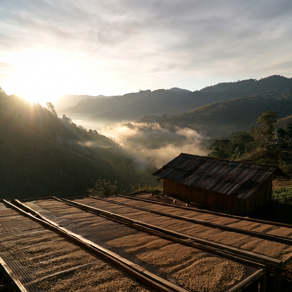 Sunrise over coffee drying beds and a wooden hut in Chiang Rai mountains