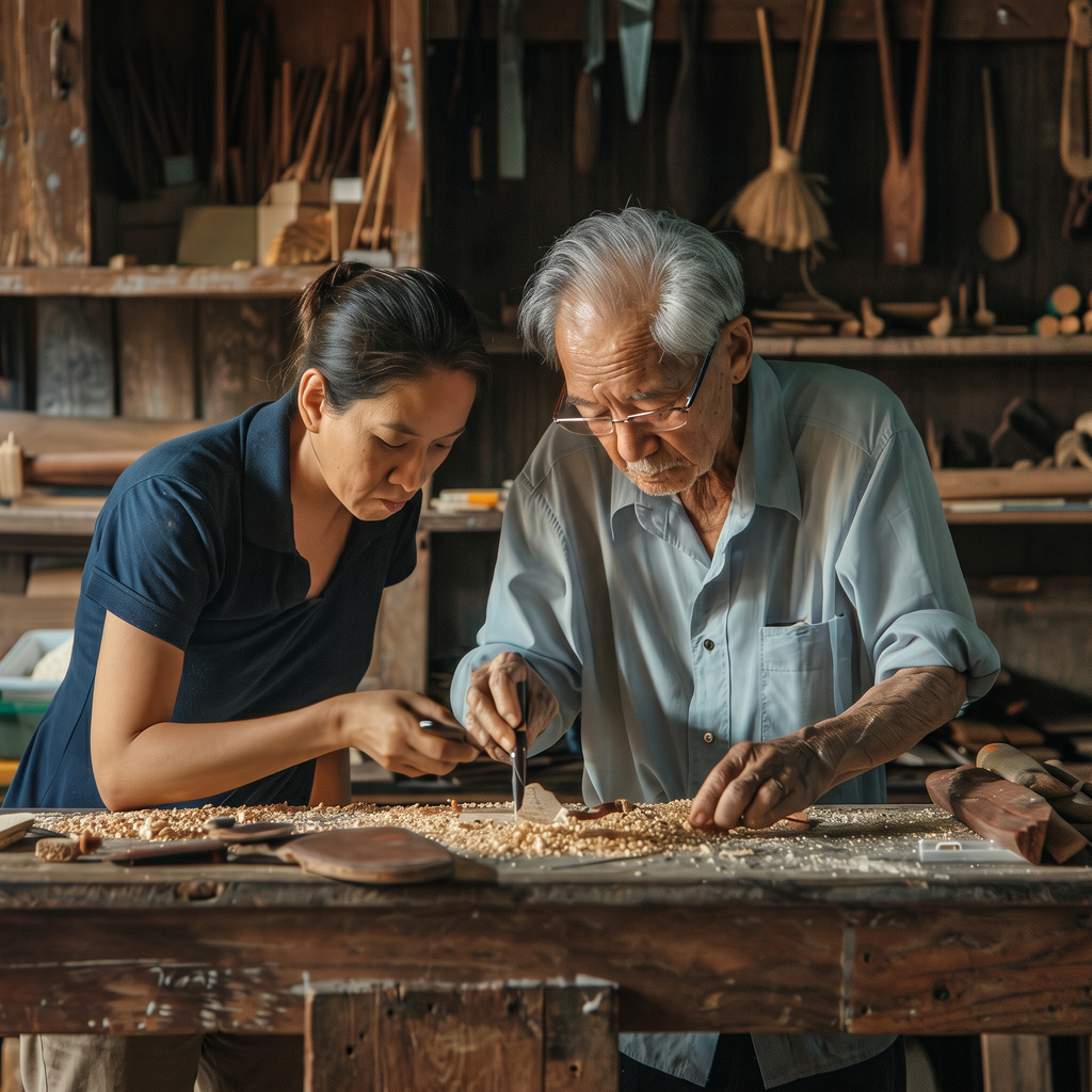 Elderly man and younger woman woodworking in a rustic workshop