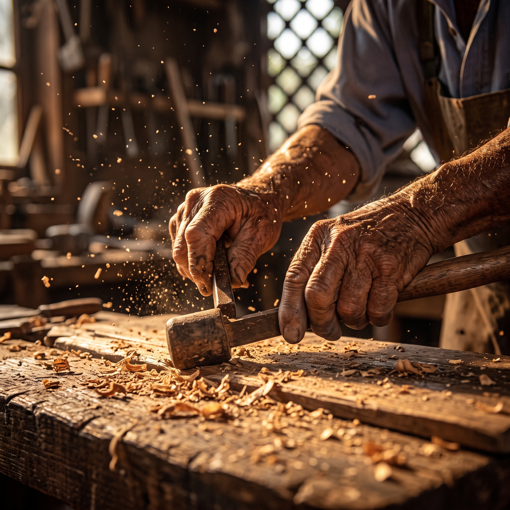 Hands of a craftsman chiseling wood in a workshop, sawdust flying.