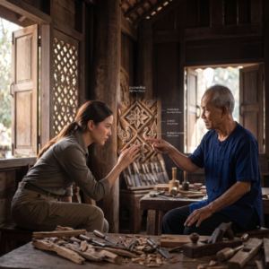 Craftsman explains Dik Prikul Pattern to woman in traditional workshop.