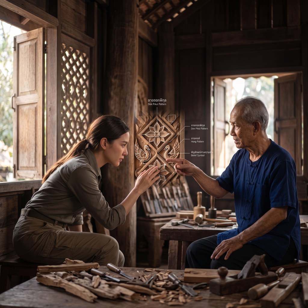 Craftsman explains Dik Prikul Pattern to woman in traditional workshop.