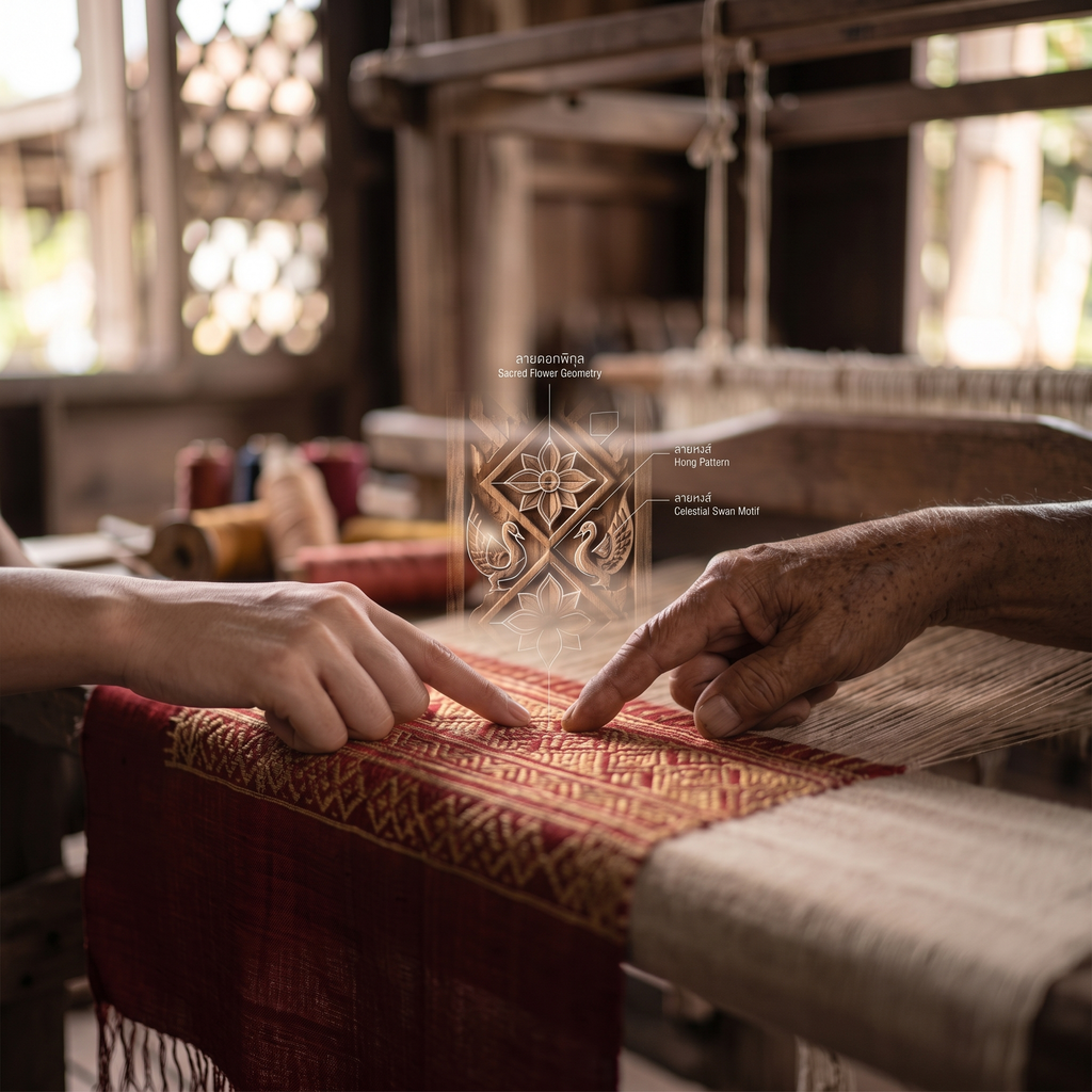 Hands point to sacred flower geometry on Thai silk weaving