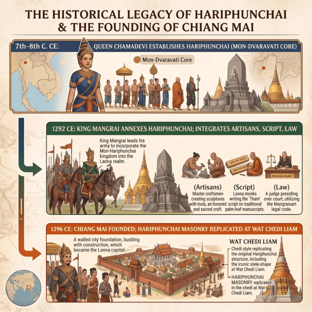 Queen Chamadevi, artisans, and Wat Chedi Liam in historical illustrations of Hariphunchai.