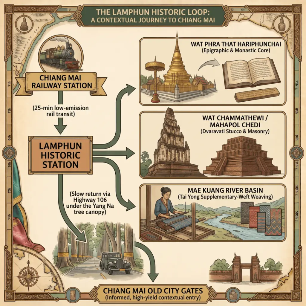 Lamphun Historic Loop map: Chiang Mai Station, Lamphun Station, Wat Phra That Hariphunchai, Wat Chammathewi, Mae Kuang River Basin, Old City Gates.