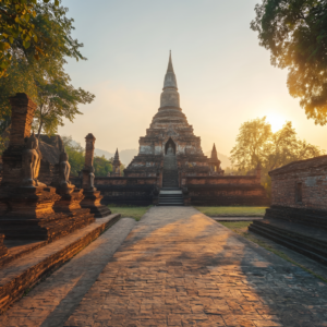 Ancient temple ruins in Northern Thailand at sunrise, with seated Buddha statues.