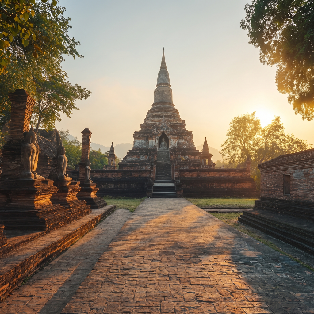Ancient temple ruins in Northern Thailand at sunrise, with seated Buddha statues.