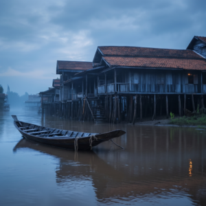 Wooden boat on a river in front of stilted Tai Lue houses in Nan Province