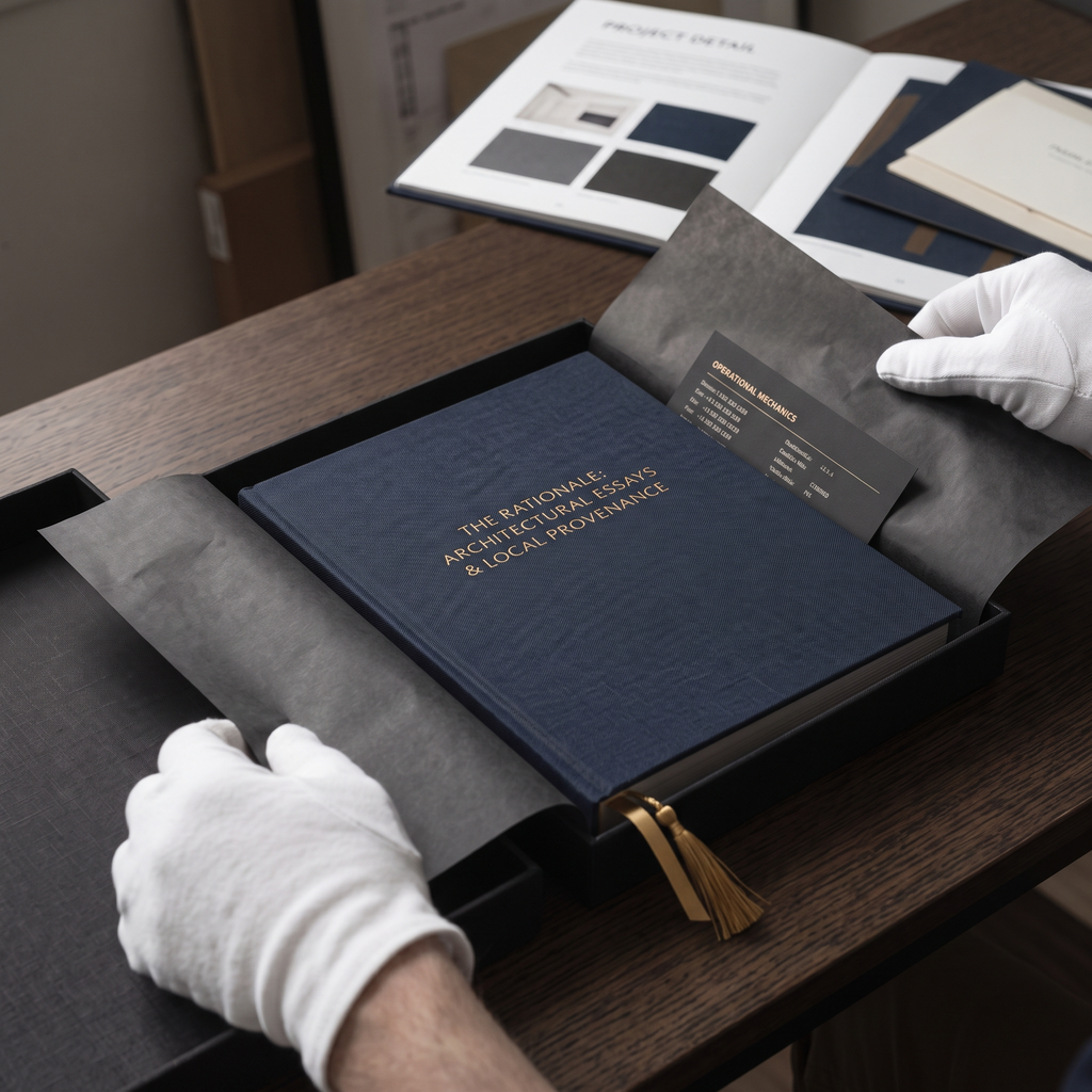 Gloved hands opening a custom-bound book titled "The Rationale: Architectural Essays & Local Provenance