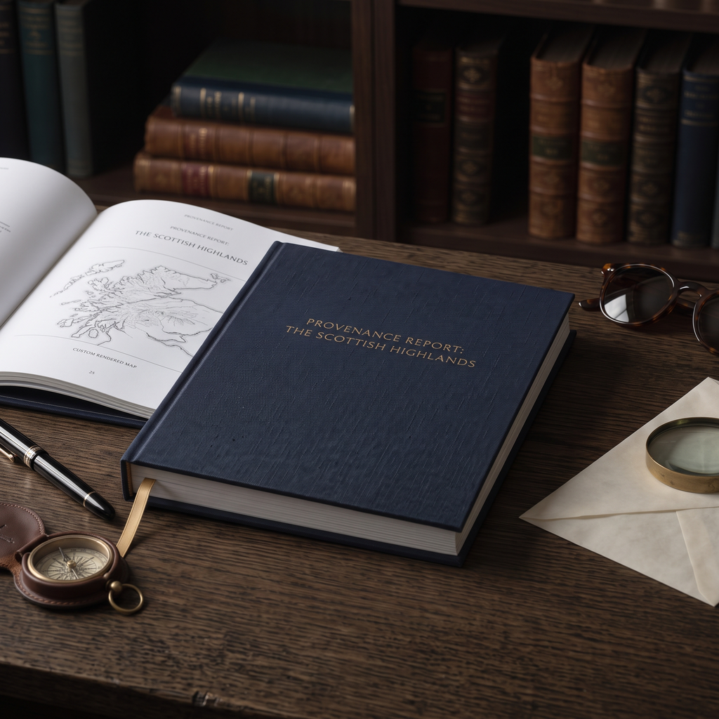 Dark blue bound book titled "Provenance Report: The Scottish Highlands" on a desk.