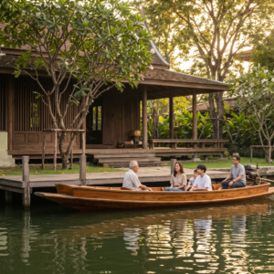 Family in a wooden boat near a traditional Thai house