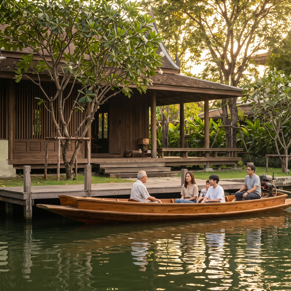 Family in a wooden boat near a traditional Thai house